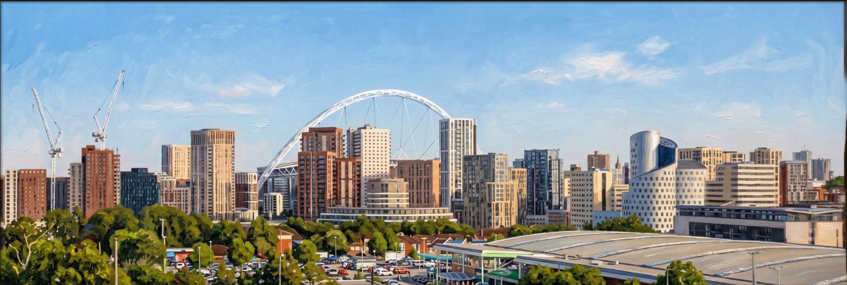The London skyline around Wembley Stadium