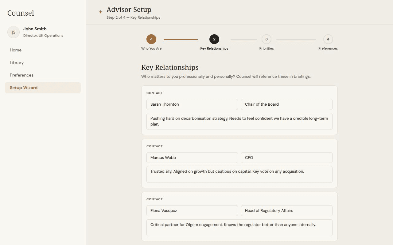 Counsel setup — key relationships