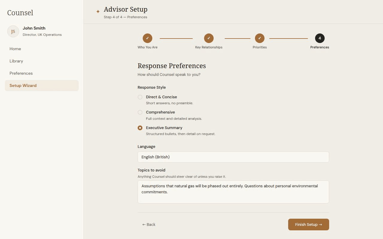 Counsel setup — response preferences